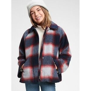 Gap Kids Plaid Pea Coat Girls Large‎ Blue Red Wool Blend Cape Jacket